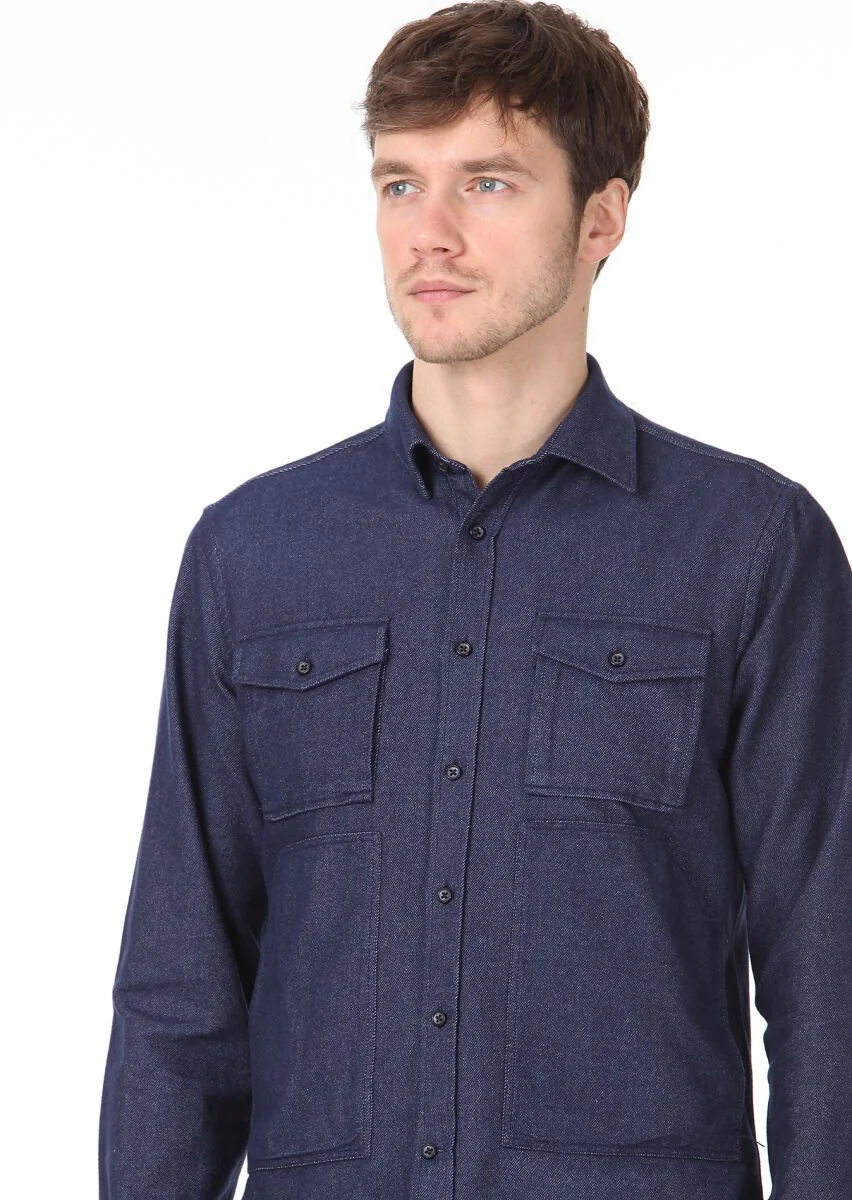 Navy Blue Plain Regular Fit Weaving Casual 100% Cotton Shirt - 2