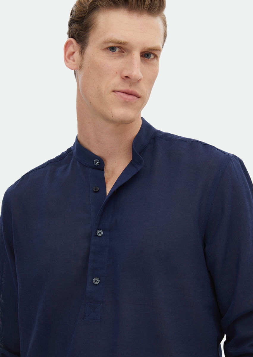 Navy Blue Plain Regular Fit Weaving Casual 100% Cotton Shirt - 4