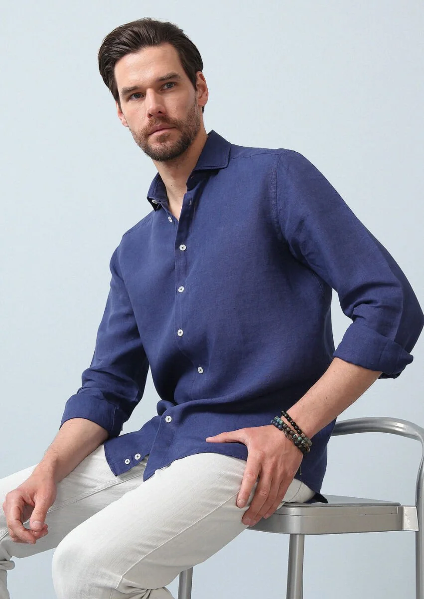 Navy Blue Plain Regular Fit Weaving Casual 100% Linen Shirt - 1