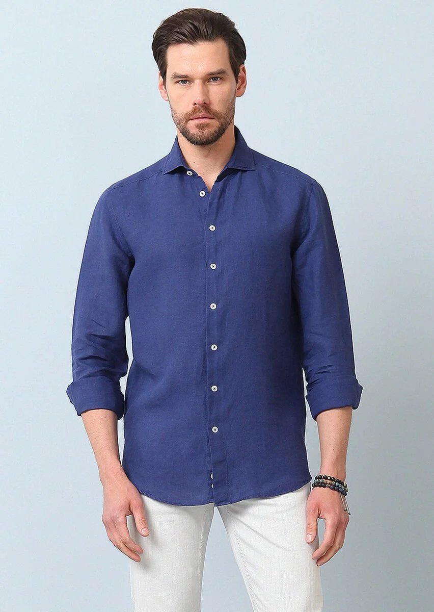 Navy Blue Plain Regular Fit Weaving Casual 100% Linen Shirt - 2