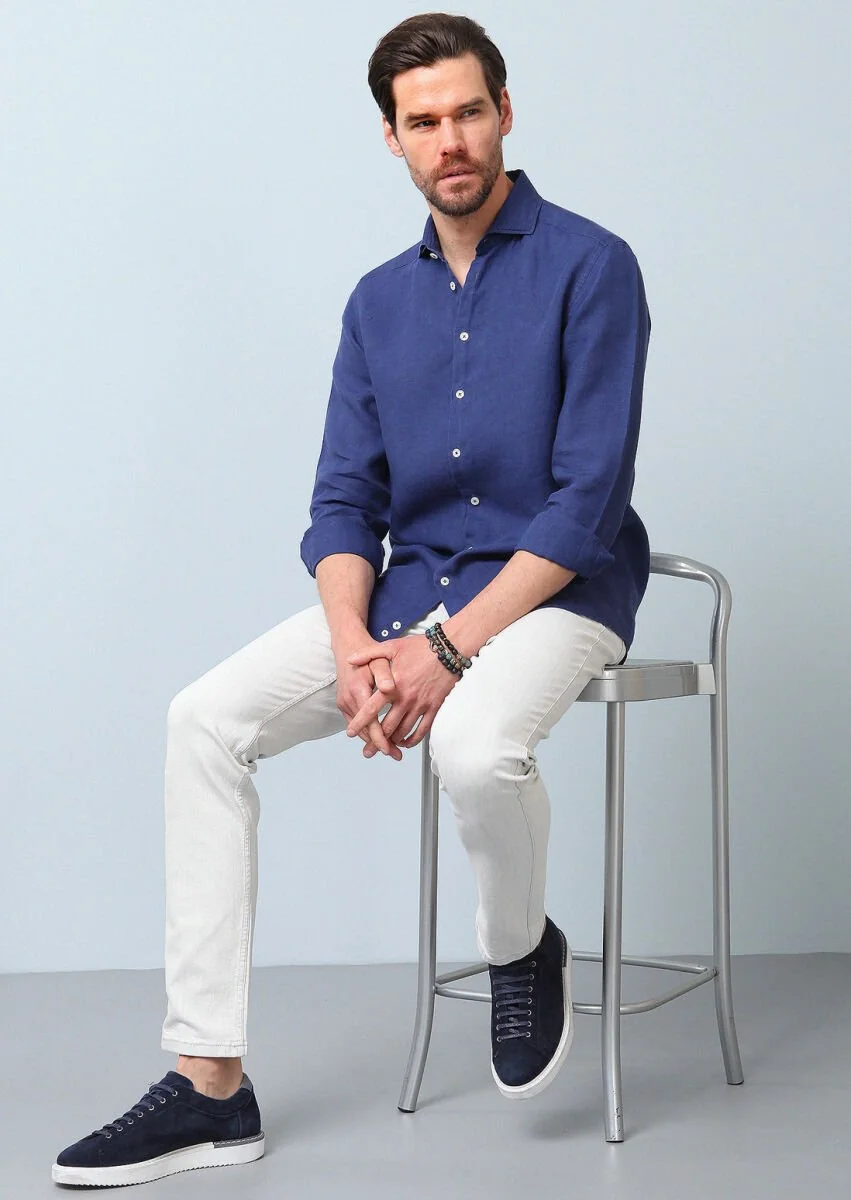 Navy Blue Plain Regular Fit Weaving Casual 100% Linen Shirt - 4