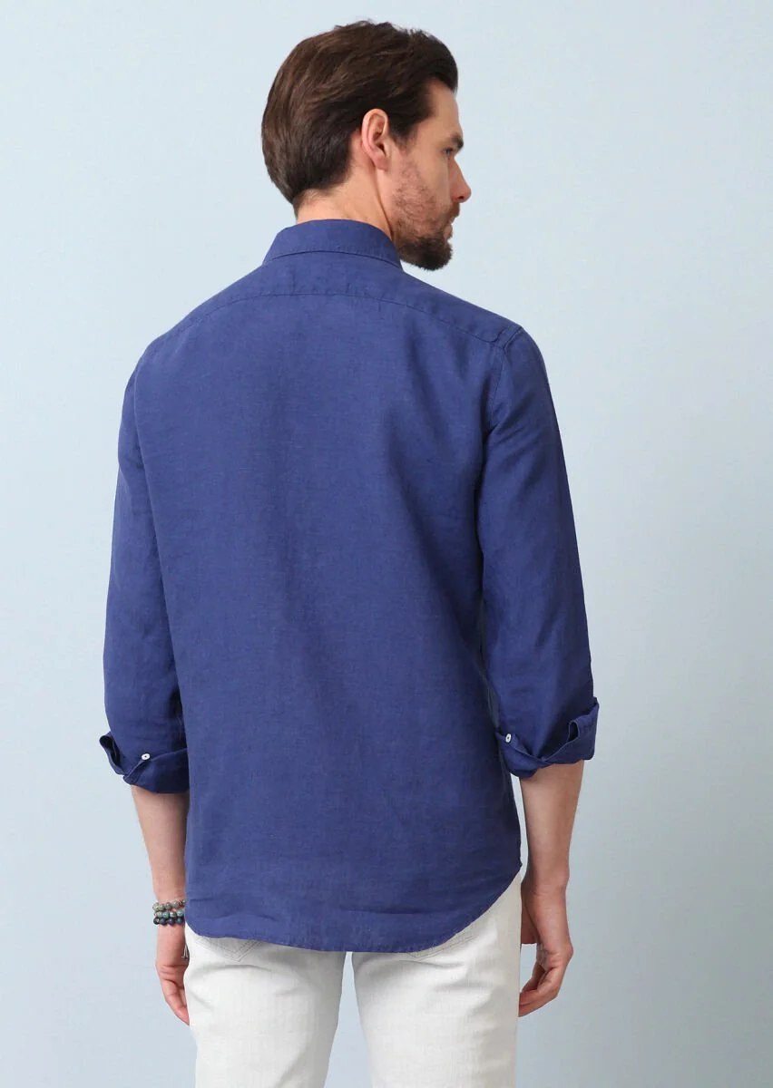 Navy Blue Plain Regular Fit Weaving Casual 100% Linen Shirt - 7
