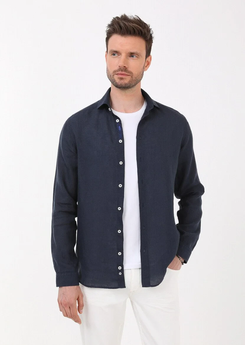 Navy Blue Plain Regular Fit Weaving Casual 100% Linen Shirt - 1
