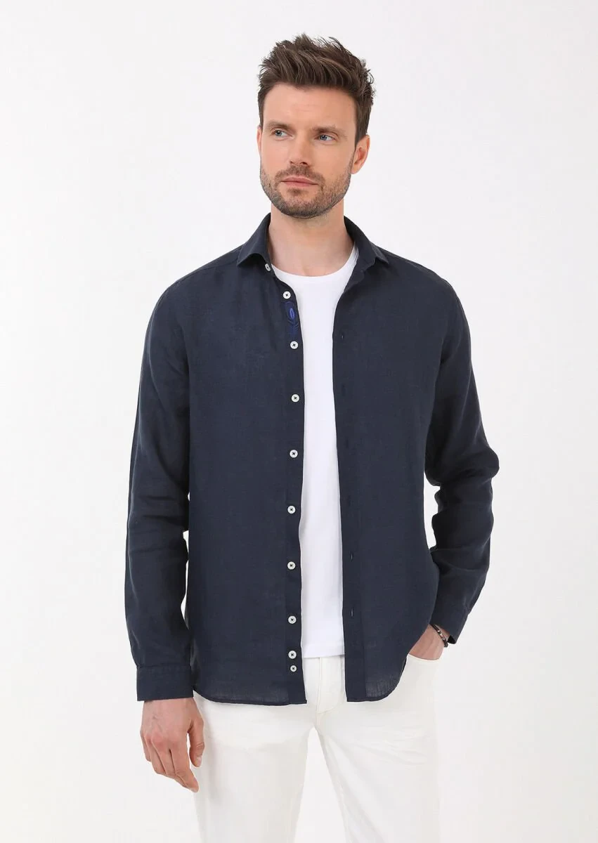 Navy Blue Plain Regular Fit Weaving Casual 100% Linen Shirt - 1