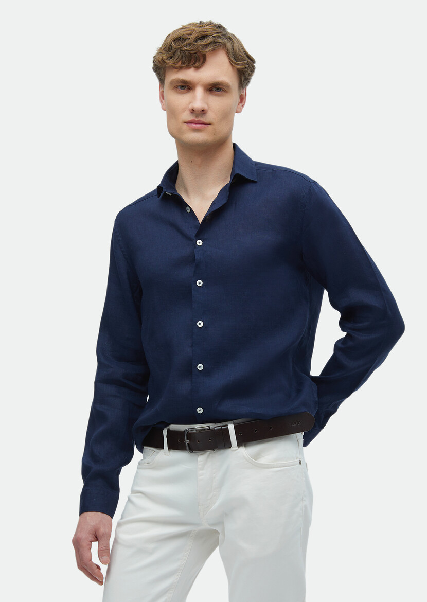 Navy Blue Plain Regular Fit Weaving Casual 100% Linen Shirt 