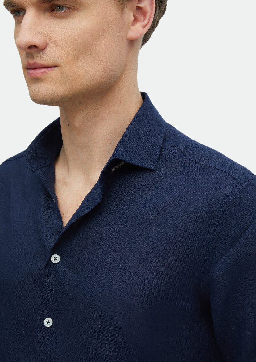 Navy Blue Plain Regular Fit Weaving Casual 100% Linen Shirt - 4