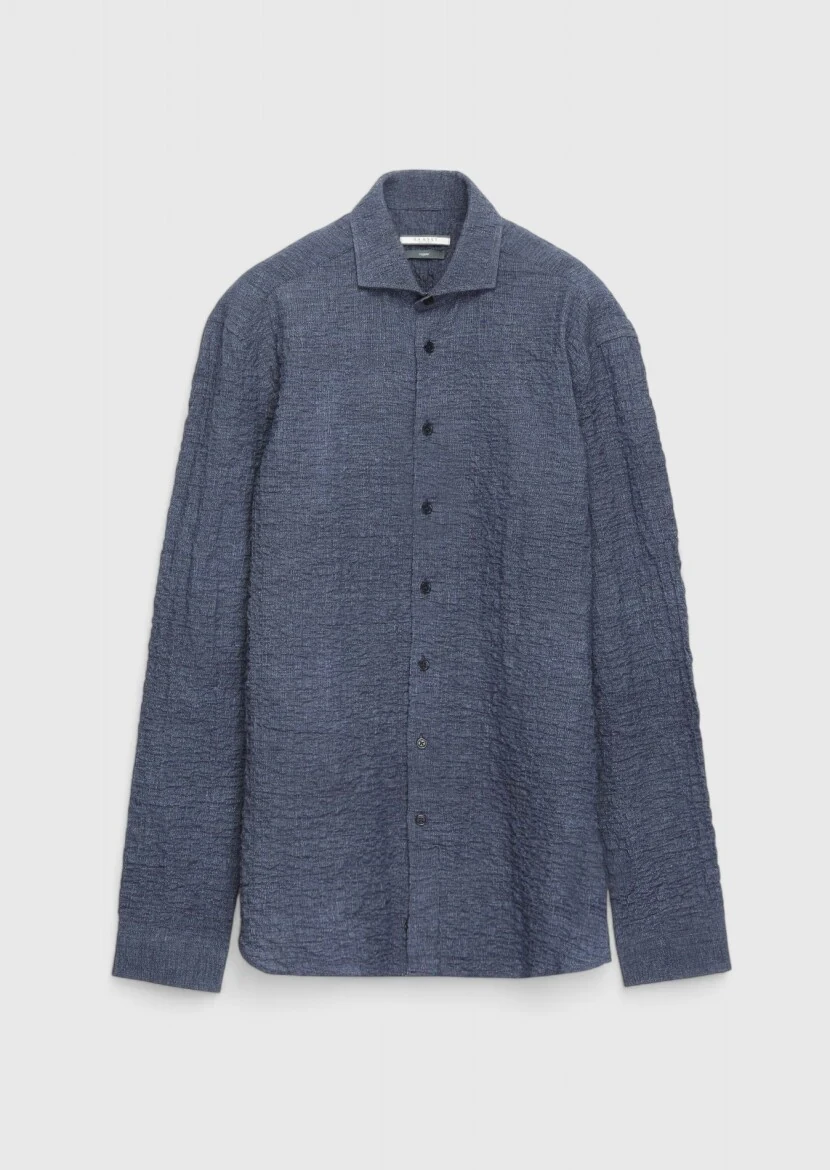 Navy Blue Plain Regular Fit Weaving Casual Cotton Blended Shirt 