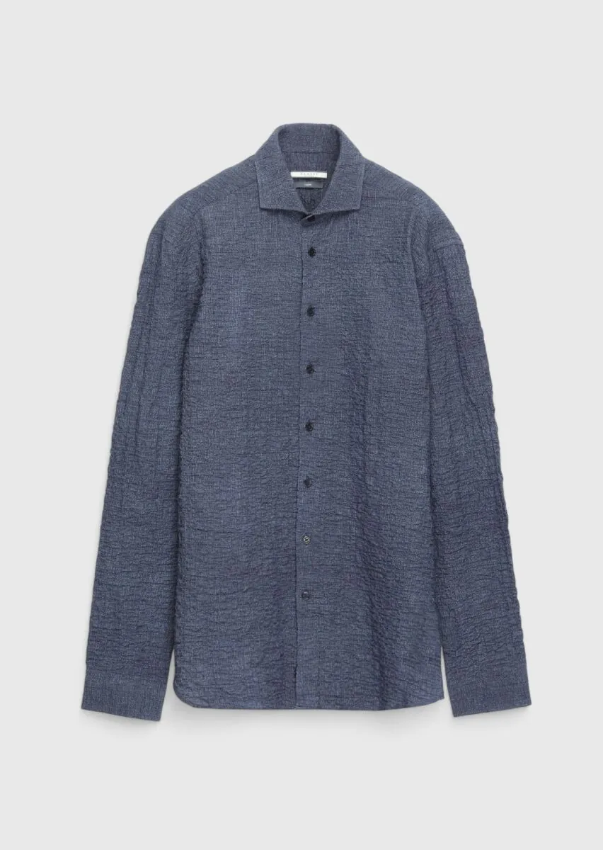 Navy Blue Plain Regular Fit Weaving Casual Cotton Blended Shirt - 1