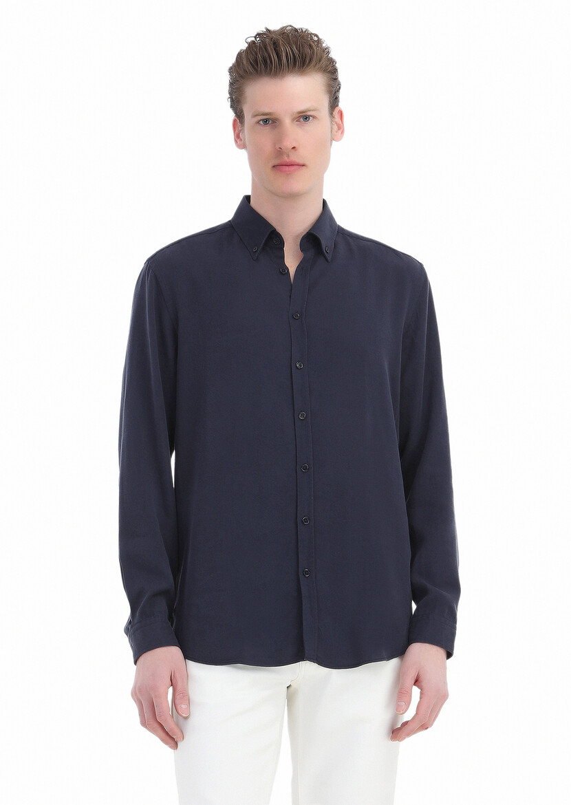 Navy Blue Plain Regular Fit Weaving Casual Shirt - 3