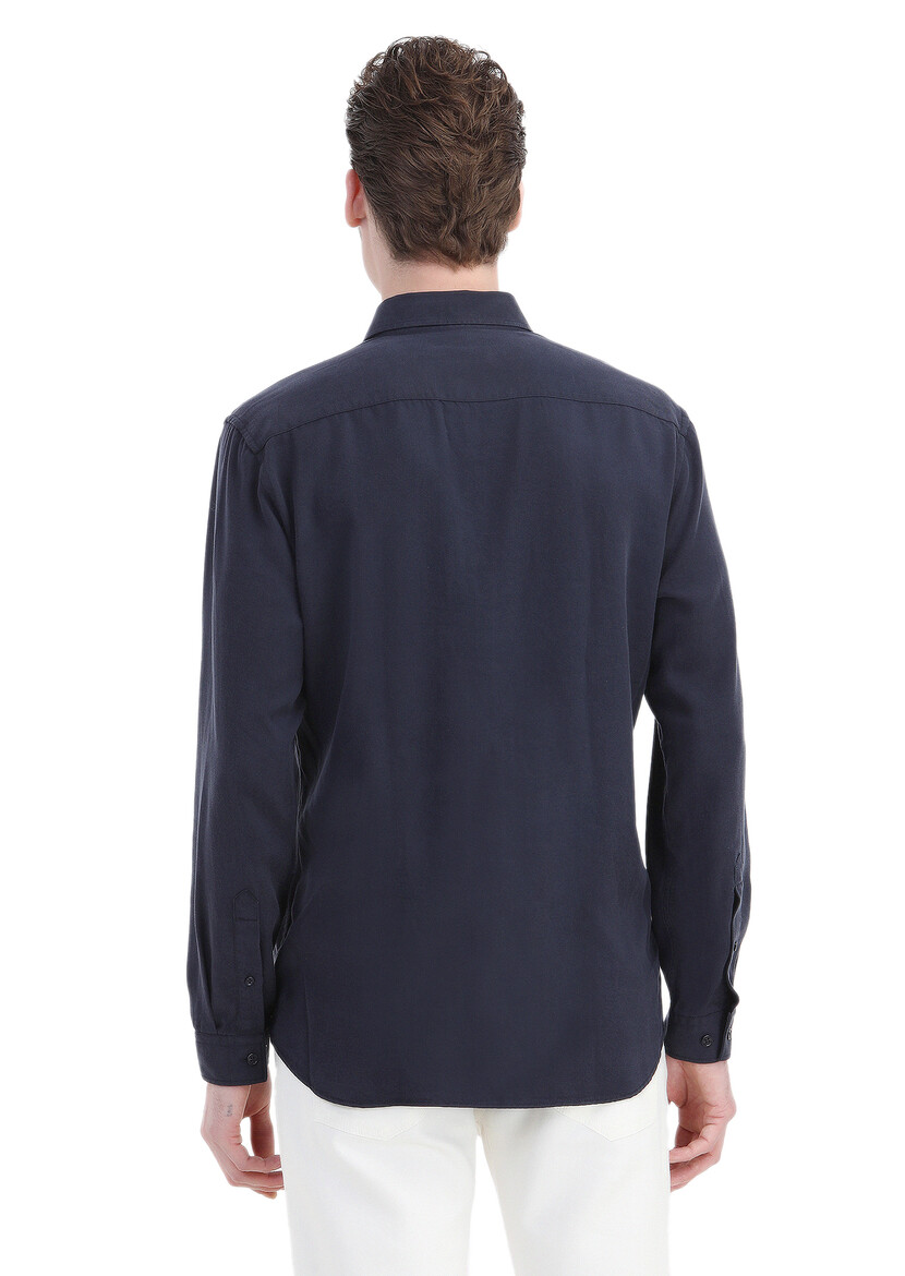 Navy Blue Plain Regular Fit Weaving Casual Shirt - 6