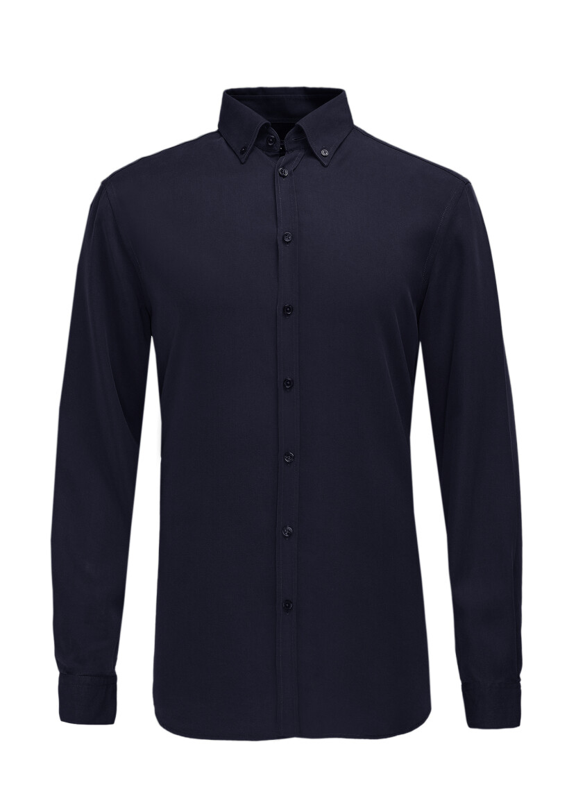 Navy Blue Plain Regular Fit Weaving Casual Shirt - 7