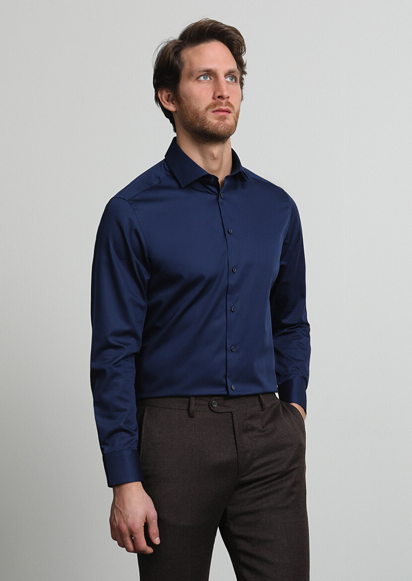 Navy Blue Plain Regular Fit Weaving Classical 100% Cotton Shirt - 3