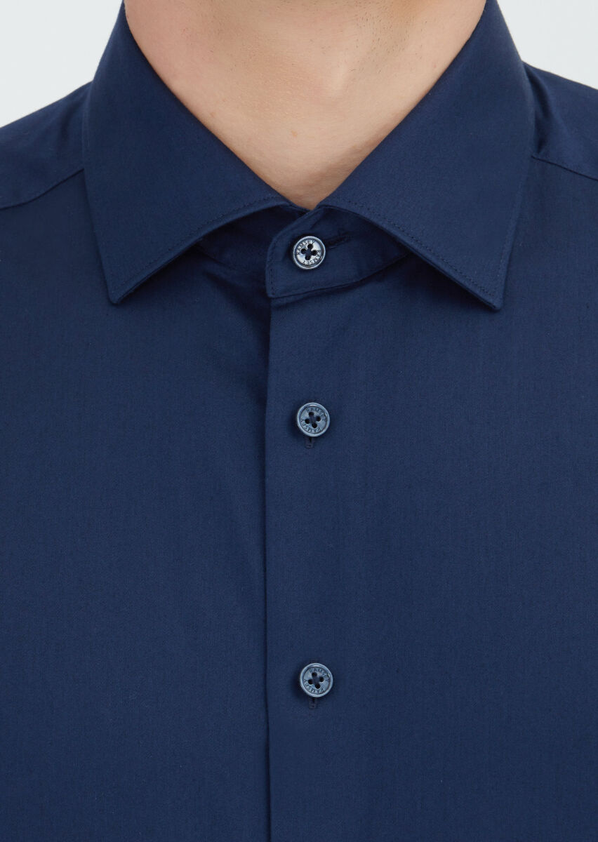 Navy Blue Plain Regular Fit Weaving Classical 100% Cotton Shirt - 3