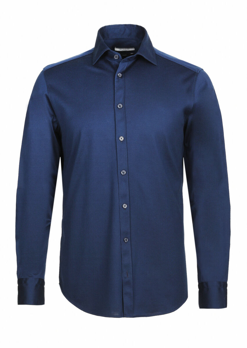 Navy Blue Plain Regular Fit Weaving Classical 100% Cotton Shirt - 6