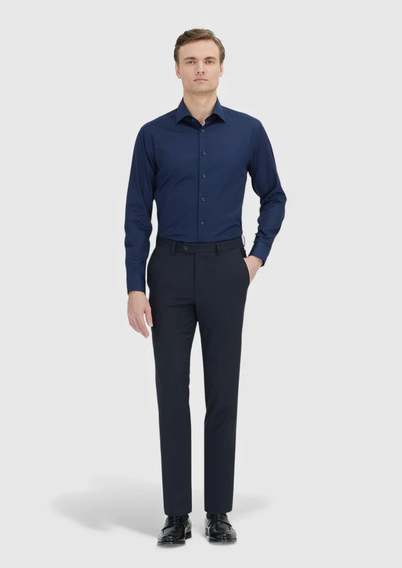 Navy Blue Plain Regular Fit Weaving Classical 100% Cotton Shirt - RAMSEY