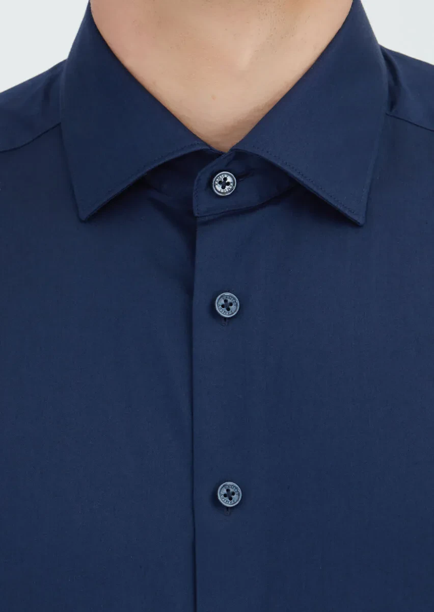 Navy Blue Plain Regular Fit Weaving Classical 100% Cotton Shirt - 3