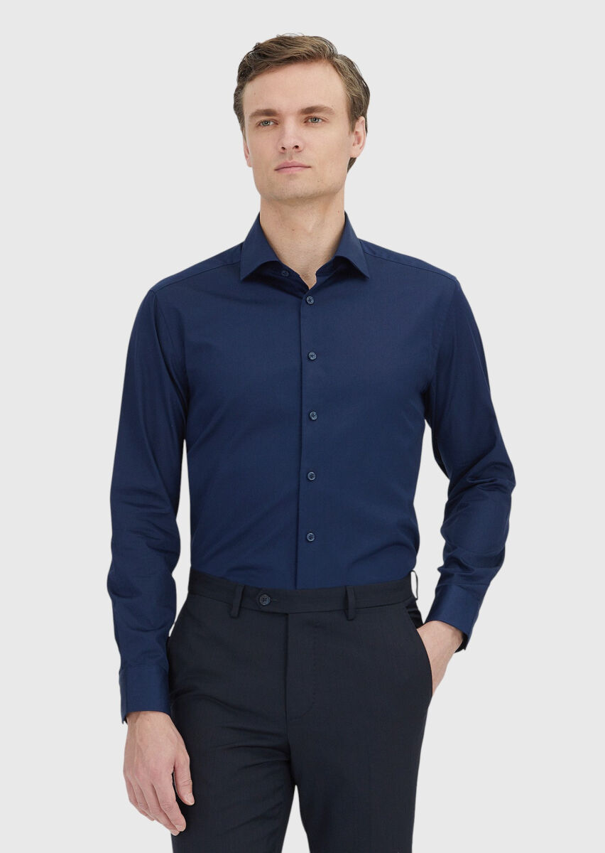 Navy Blue Plain Regular Fit Weaving Classical 100% Cotton Shirt - 1