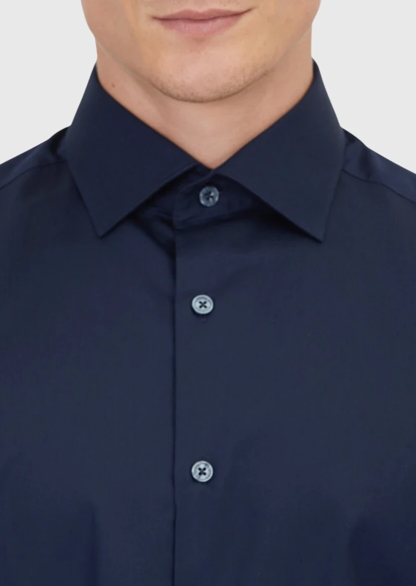 Navy Blue Plain Regular Fit Weaving Classical 100% Cotton Shirt - 4