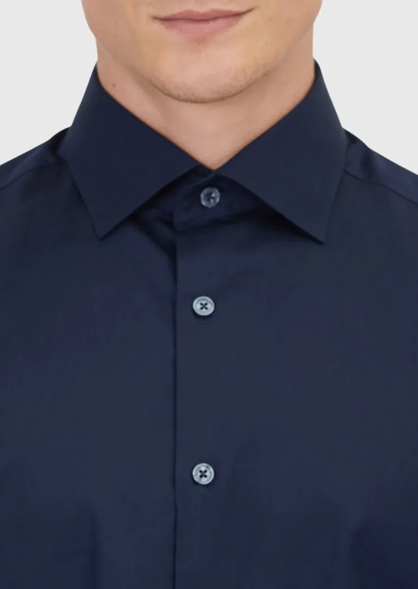 Navy Blue Plain Regular Fit Weaving Classical 100% Cotton Shirt - 4