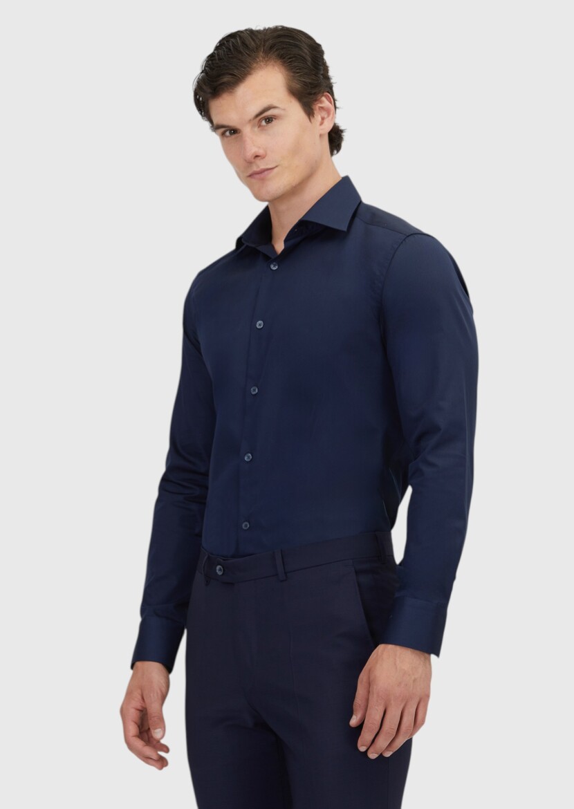 Navy Blue Plain Regular Fit Weaving Classical 100% Cotton Shirt - 1