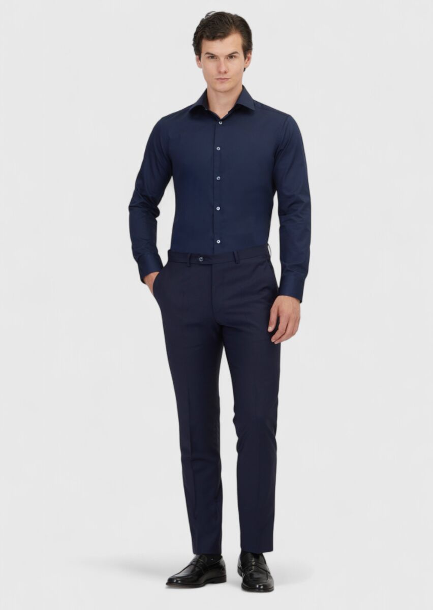 Navy Blue Plain Regular Fit Weaving Classical 100% Cotton Shirt - 2