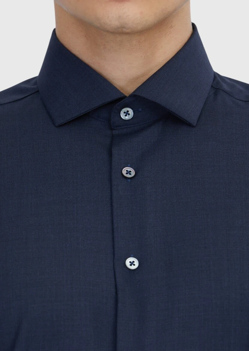 Navy Blue Plain Regular Fit Weaving Classical 100% Wool Shirt - 5
