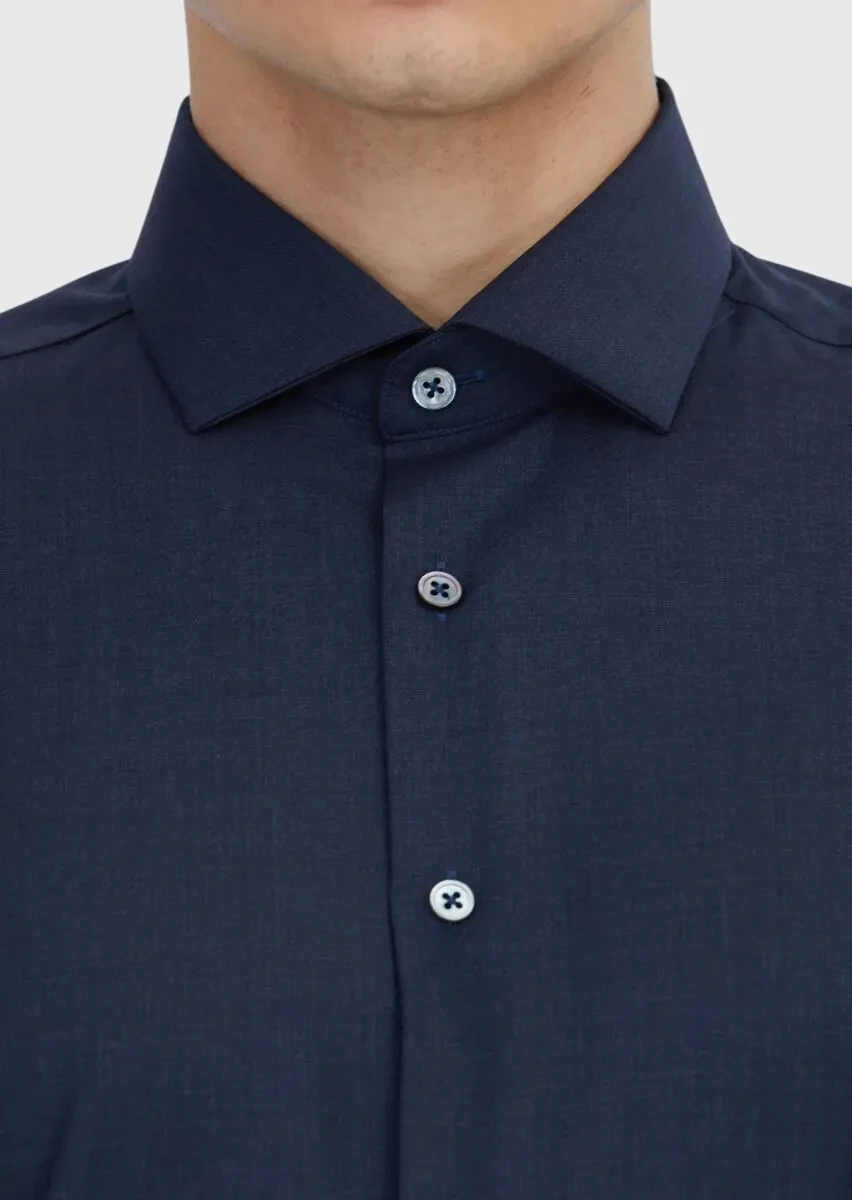 Navy Blue Plain Regular Fit Weaving Classical 100% Wool Shirt - 5