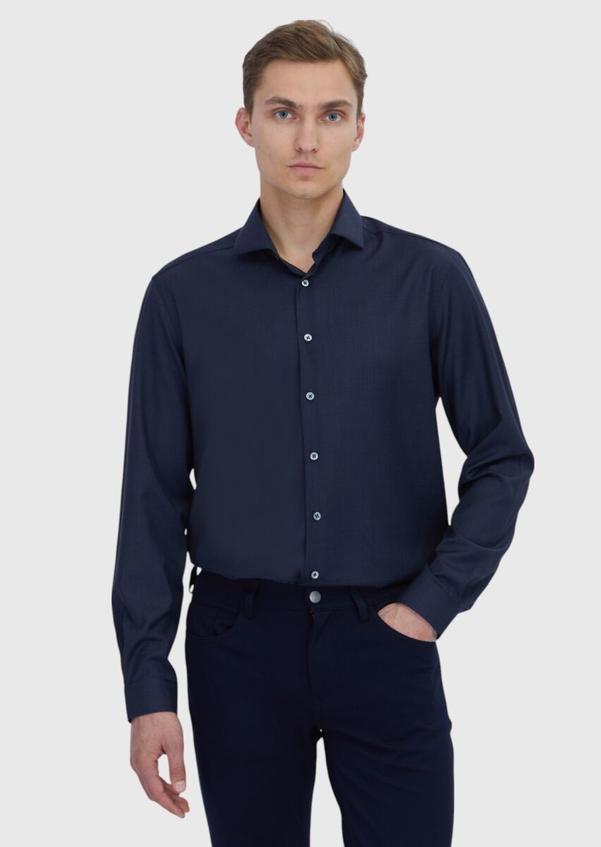Navy Blue Plain Regular Fit Weaving Classical 100% Wool Shirt - 1