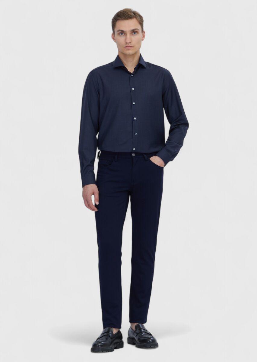 Navy Blue Plain Regular Fit Weaving Classical 100% Wool Shirt - 2