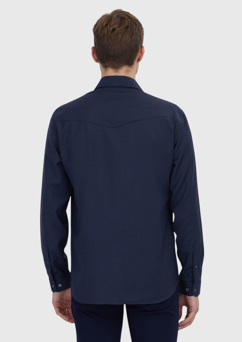 Navy Blue Plain Regular Fit Weaving Classical 100% Wool Shirt - 6
