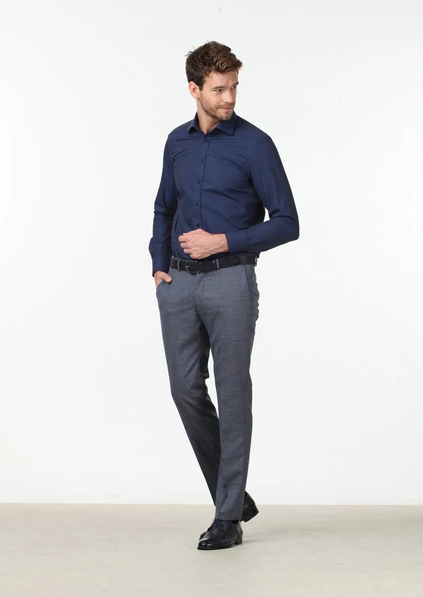 Navy Blue Plain Regular Fit Weaving Classical Cotton Blended Shirt 