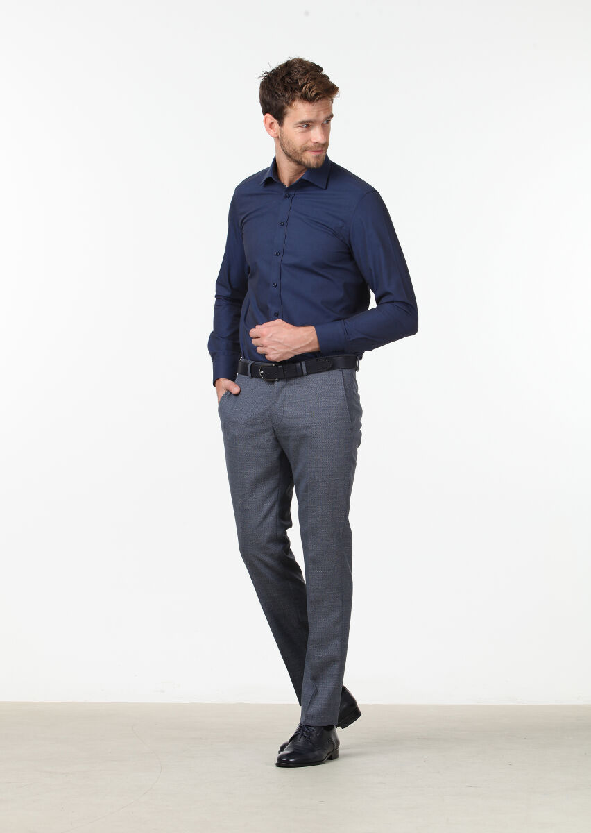 Navy Blue Plain Regular Fit Weaving Classical Cotton Blended Shirt - 2