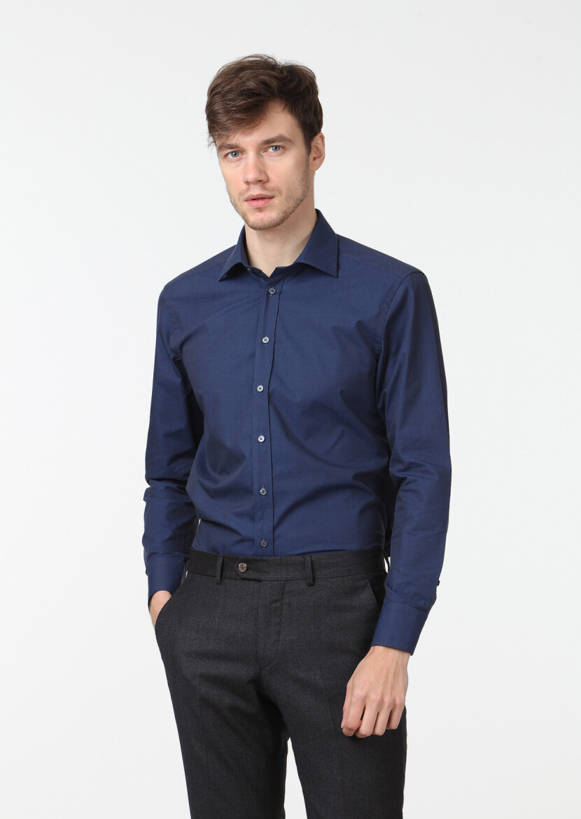 Navy Blue Plain Regular Fit Weaving Classical Cotton Blended Shirt 