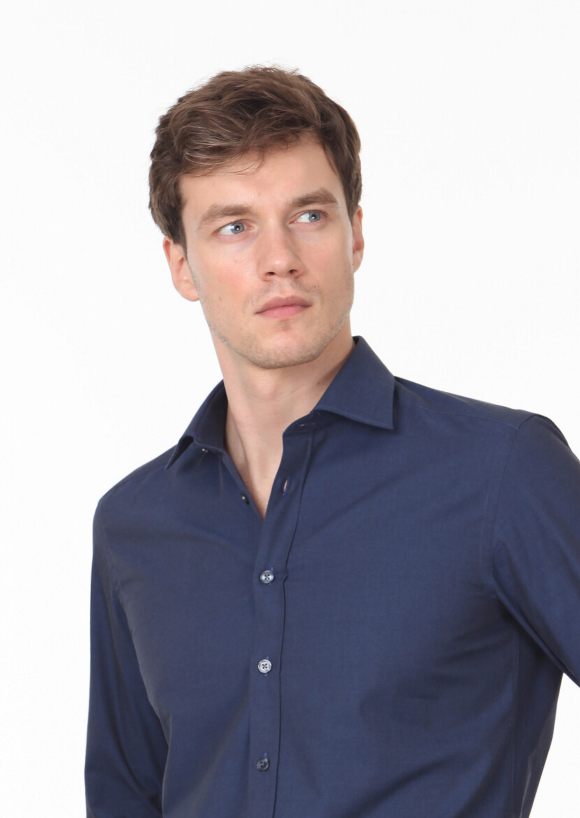 Navy Blue Plain Regular Fit Weaving Classical Cotton Blended Shirt - 2