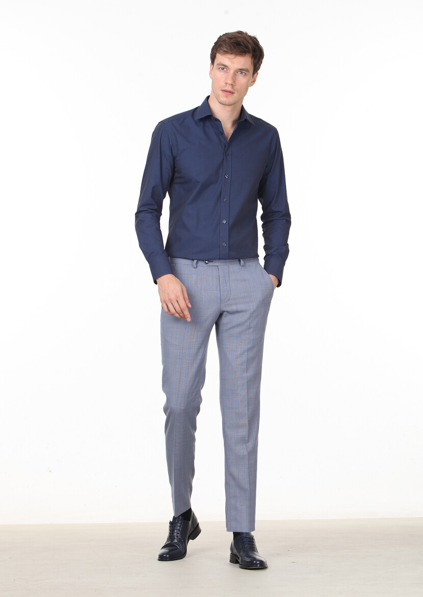 Navy Blue Plain Regular Fit Weaving Classical Cotton Blended Shirt - 3