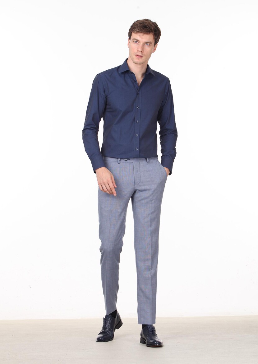 Navy Blue Plain Regular Fit Weaving Classical Cotton Blended Shirt 