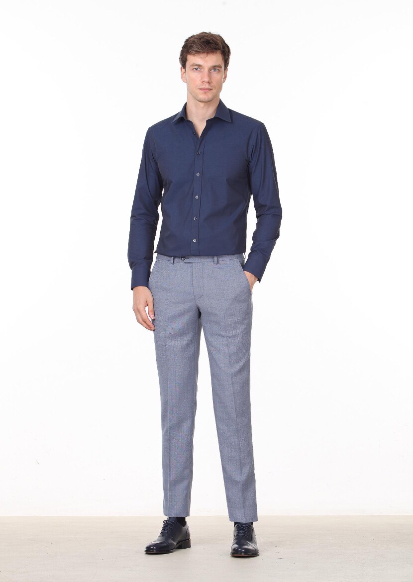 Navy Blue Plain Regular Fit Weaving Classical Cotton Blended Shirt - 3