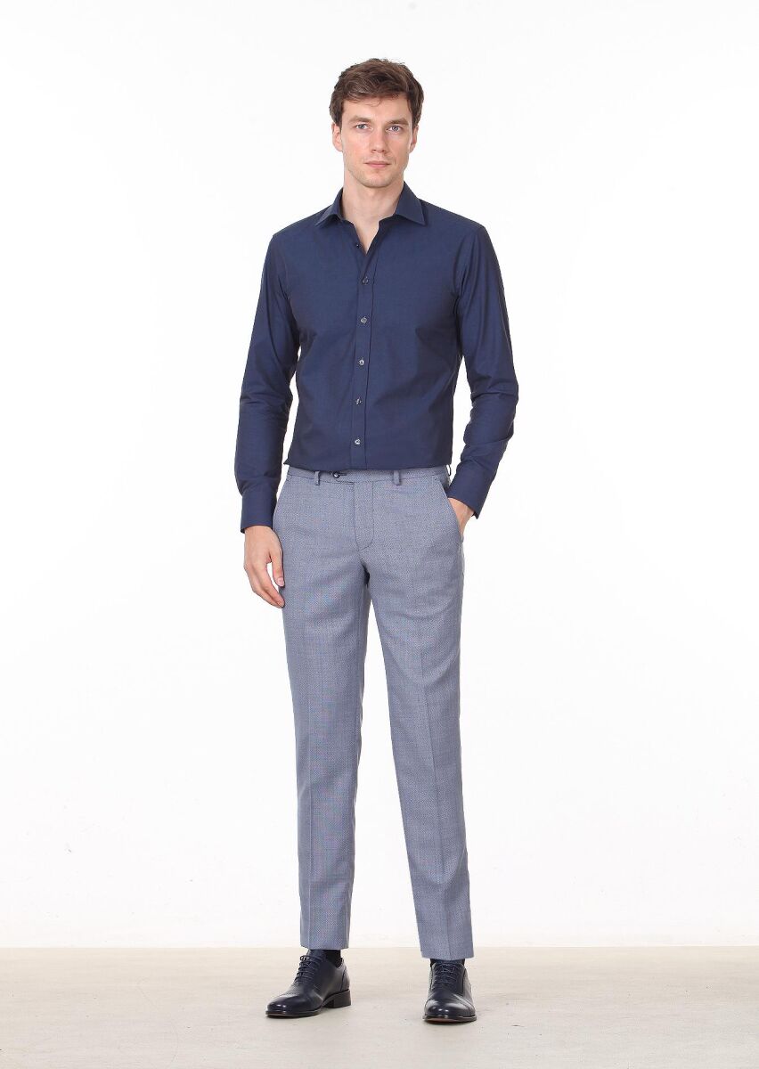 Navy Blue Plain Regular Fit Weaving Classical Cotton Blended Shirt - 3