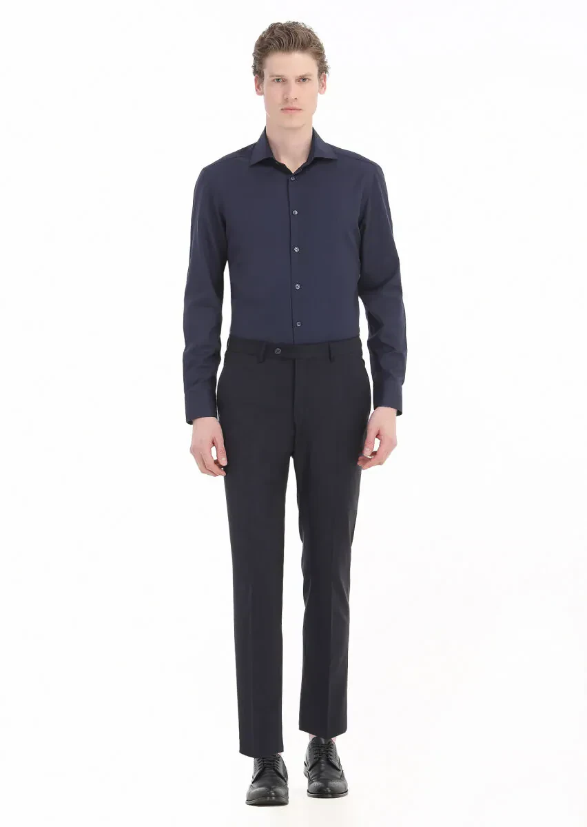 Navy Blue Plain Regular Fit Weaving Classical Cotton Blended Shirt - 1