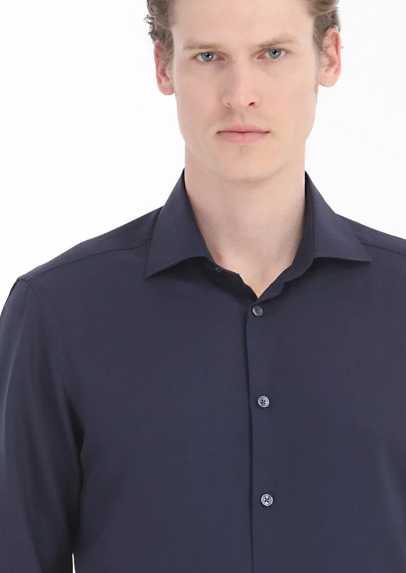 Navy Blue Plain Regular Fit Weaving Classical Cotton Blended Shirt - 3