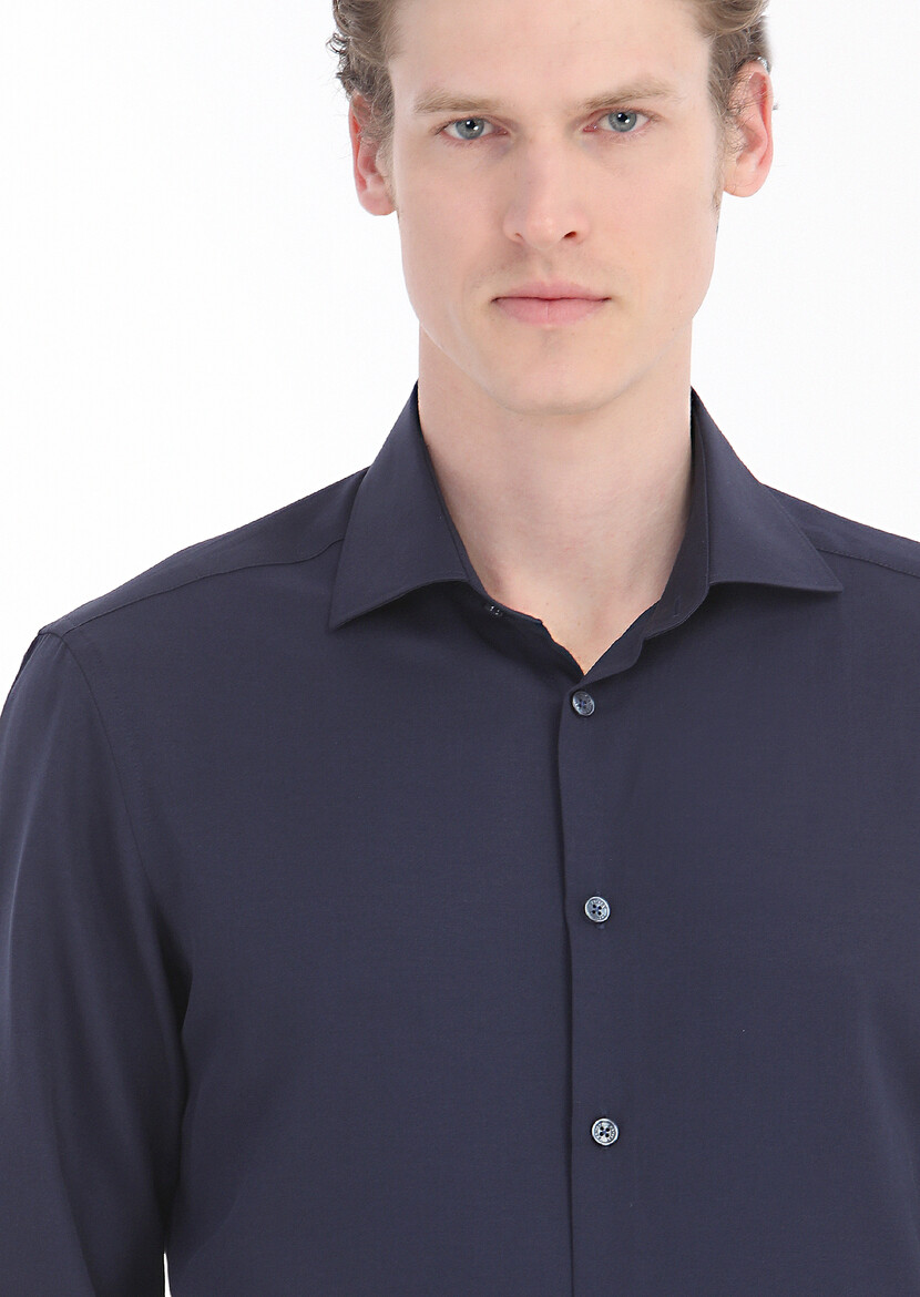 Navy Blue Plain Regular Fit Weaving Classical Cotton Blended Shirt - 3