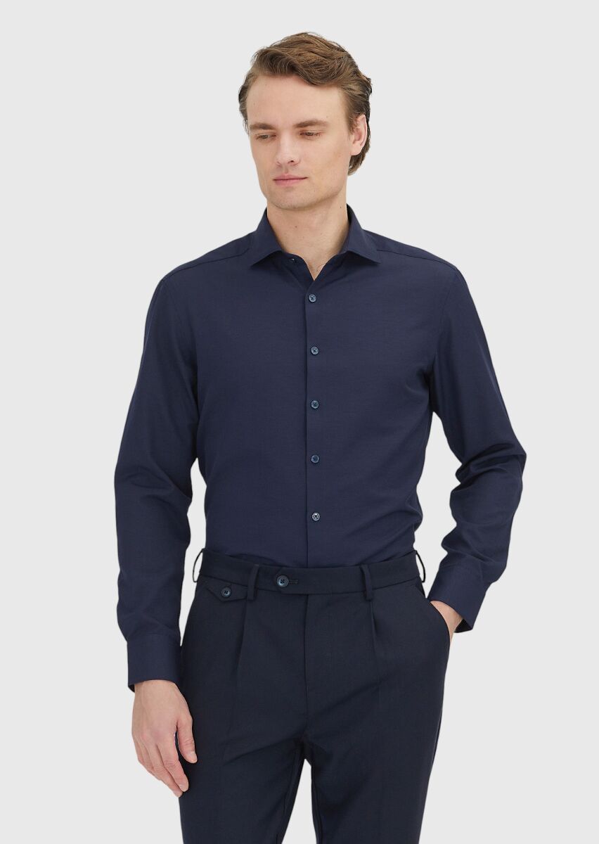Navy Blue Plain Regular Fit Weaving Classical Cotton Blended Shirt - 1