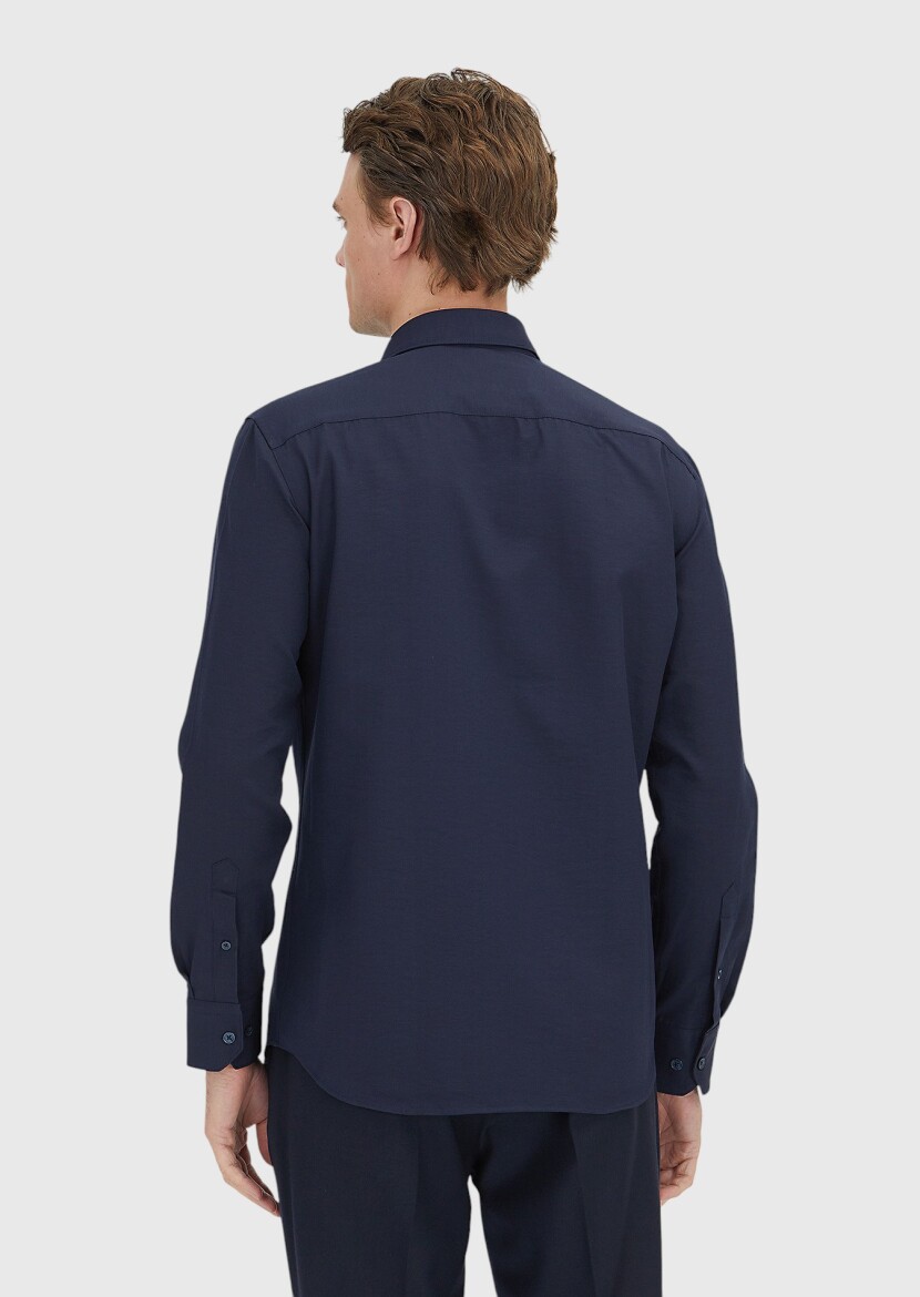 Navy Blue Plain Regular Fit Weaving Classical Cotton Blended Shirt - 5