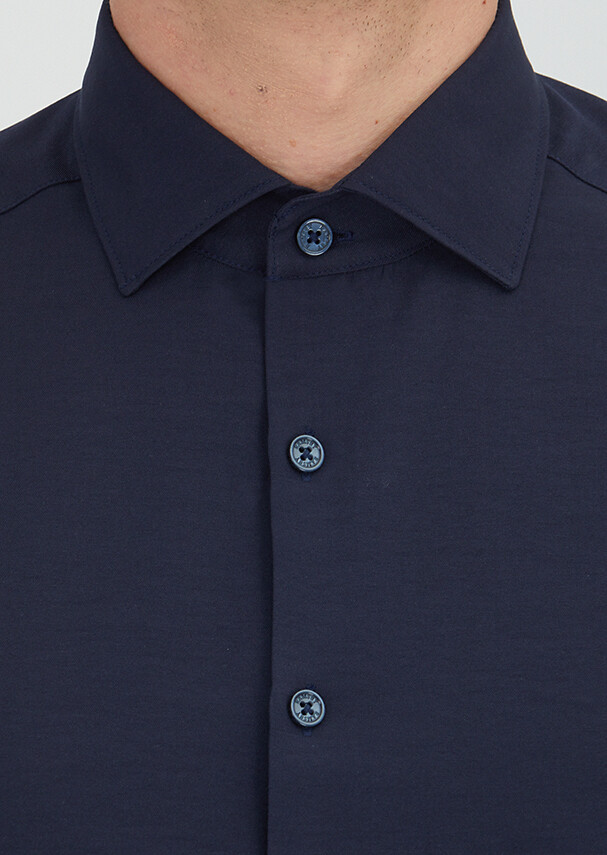 Navy Blue Plain Regular Fit Weaving Classical Cotton Blended Shirt - 4