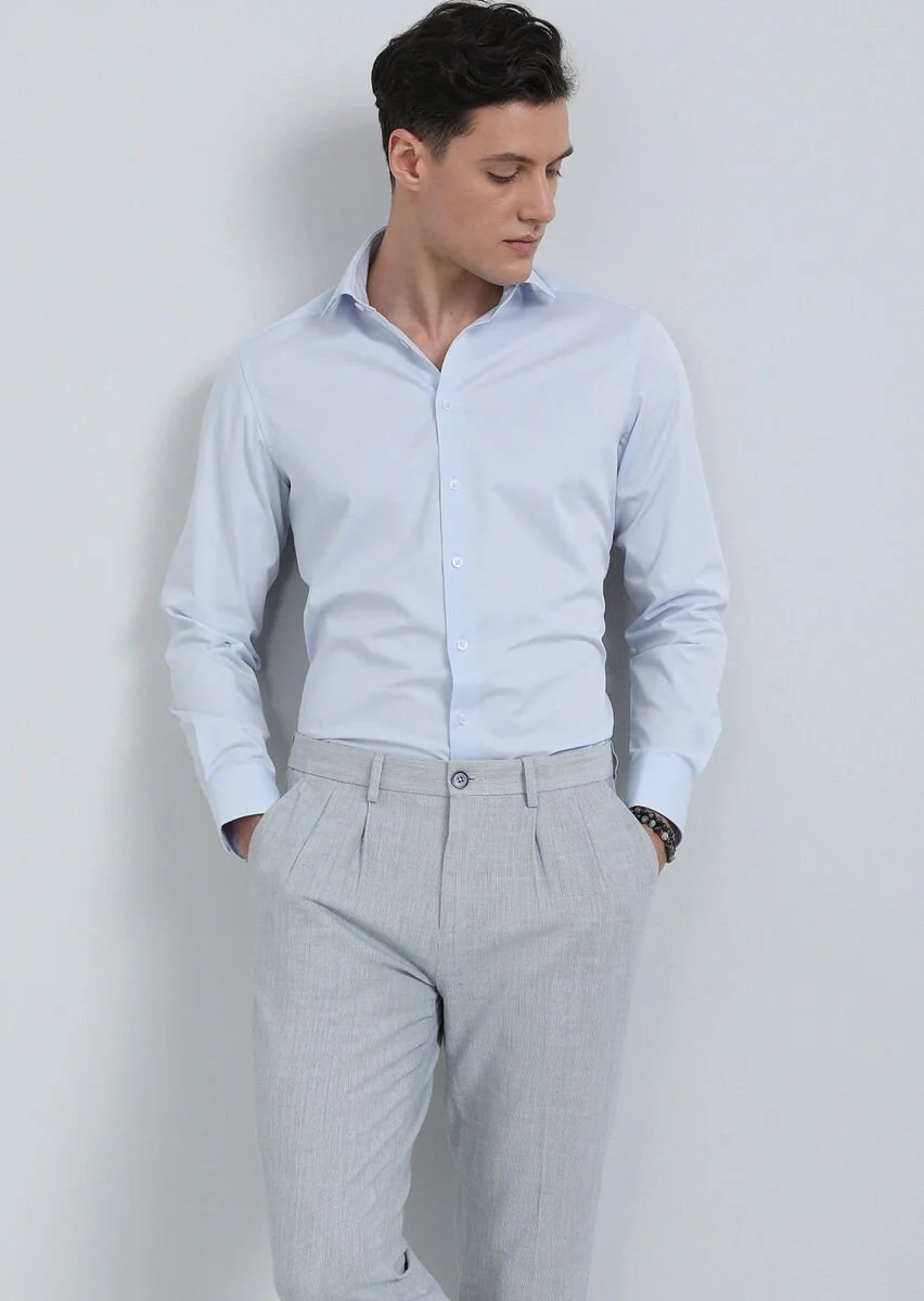 Navy Blue Plain Regular Fit Weaving Classical Shirt - 3