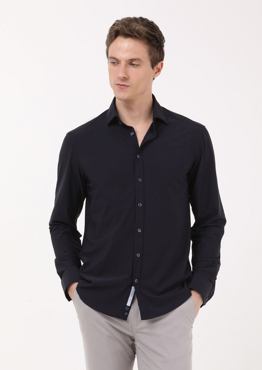 Navy Blue Plain Regular Fit Weaving Classical Shirt - 2