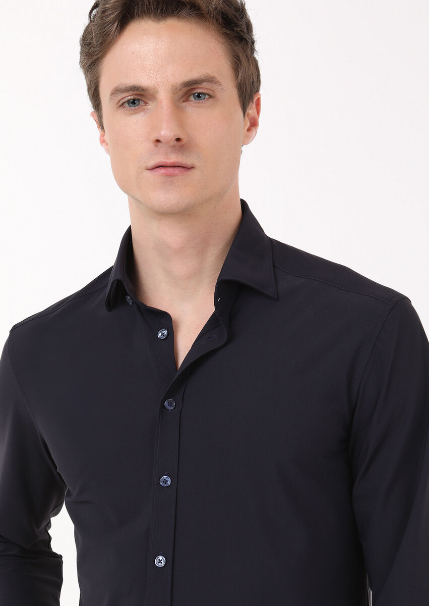 Navy Blue Plain Regular Fit Weaving Classical Shirt - 3