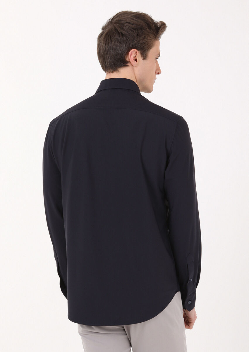 Navy Blue Plain Regular Fit Weaving Classical Shirt - 6