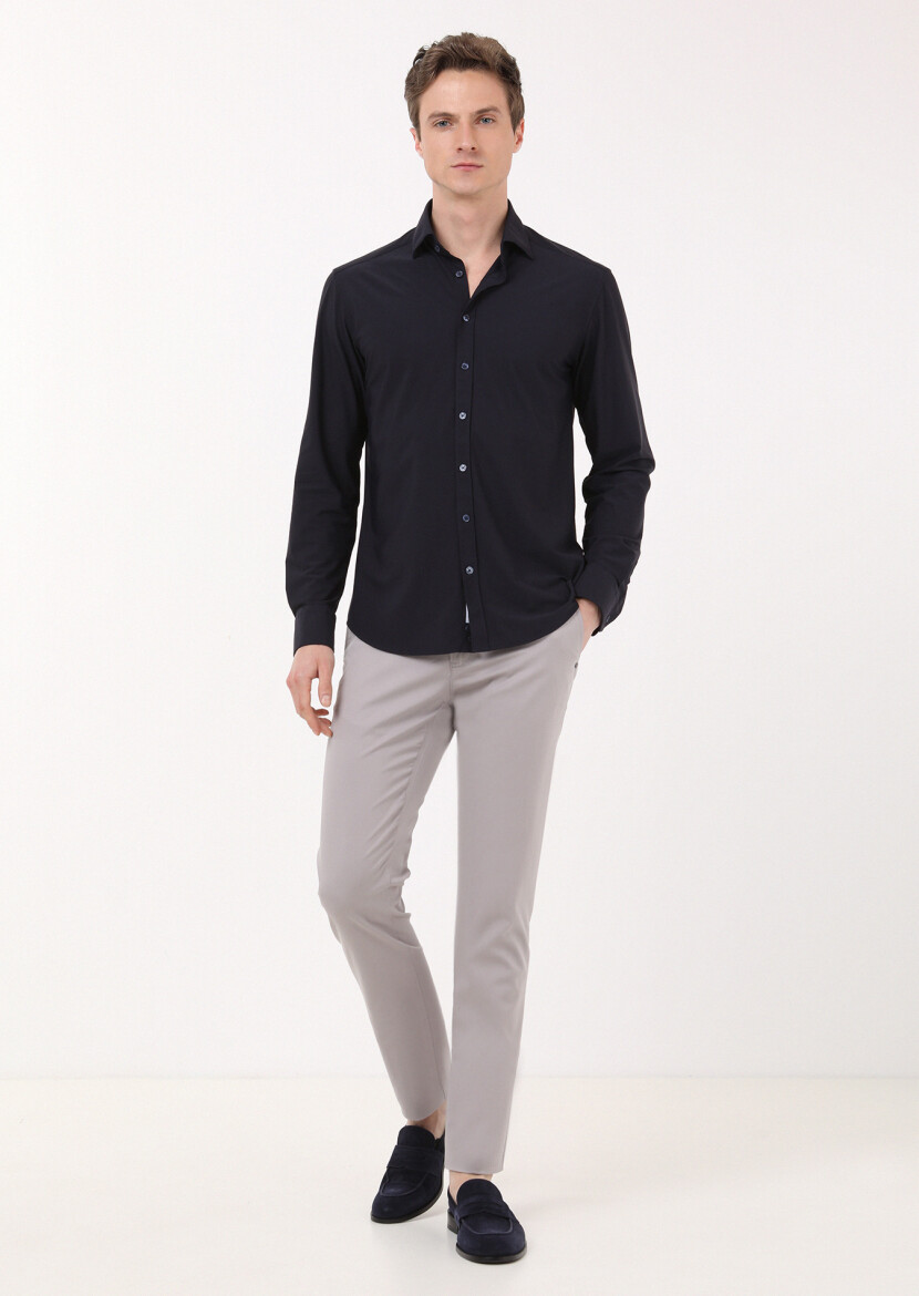 Navy Blue Plain Regular Fit Weaving Classical Shirt 