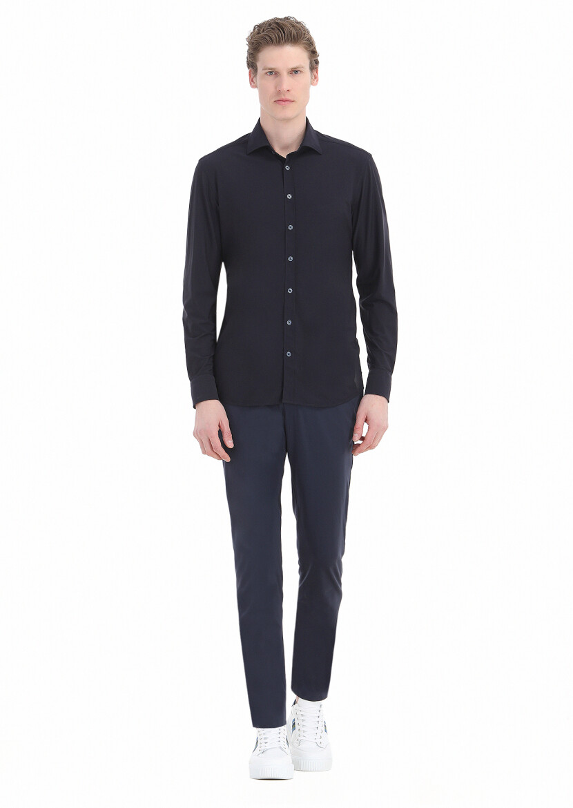 Navy Blue Plain Regular Fit Weaving Classical Shirt 